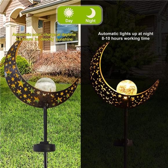 2 Pack Solar Garden Lights,Outdoor Crescent Moon Crackle Glass Globe Stake Light - Picture 5 of 6